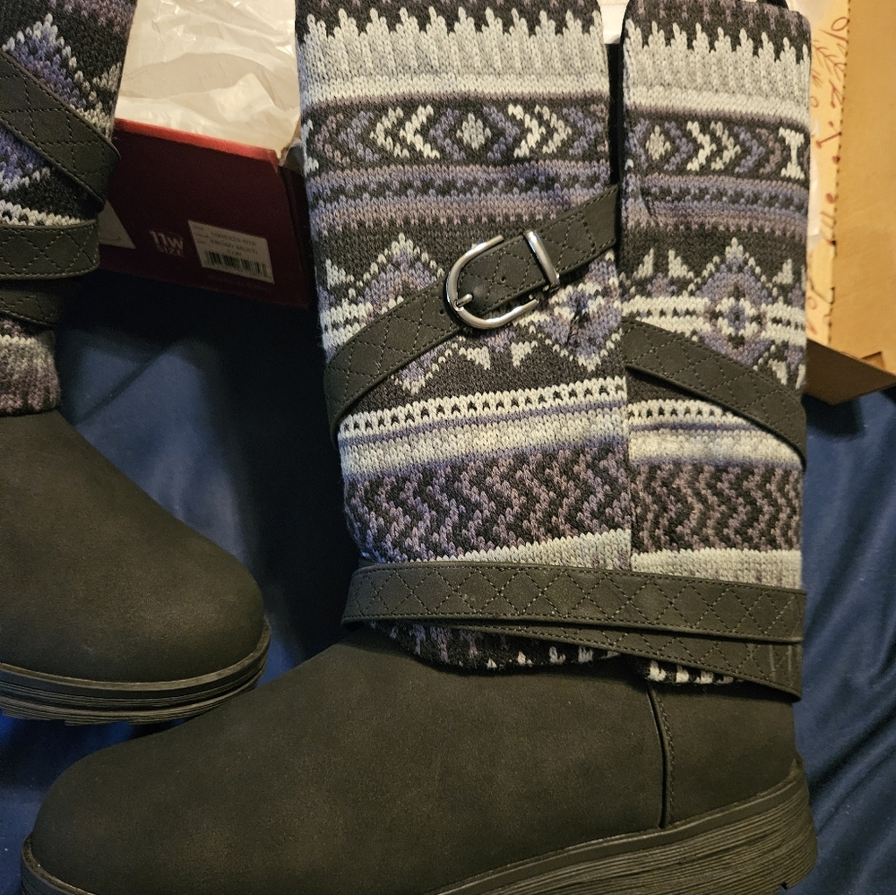 Muk Luks Cozy Knit Boots - Black and Gray